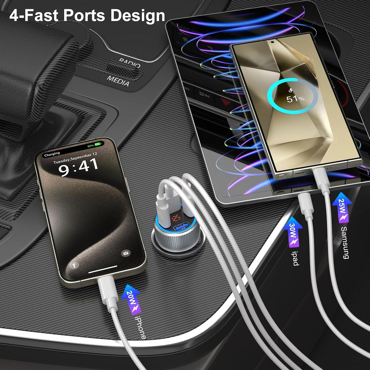 usb c car charger, 65w dual 12v usb showing dimensions