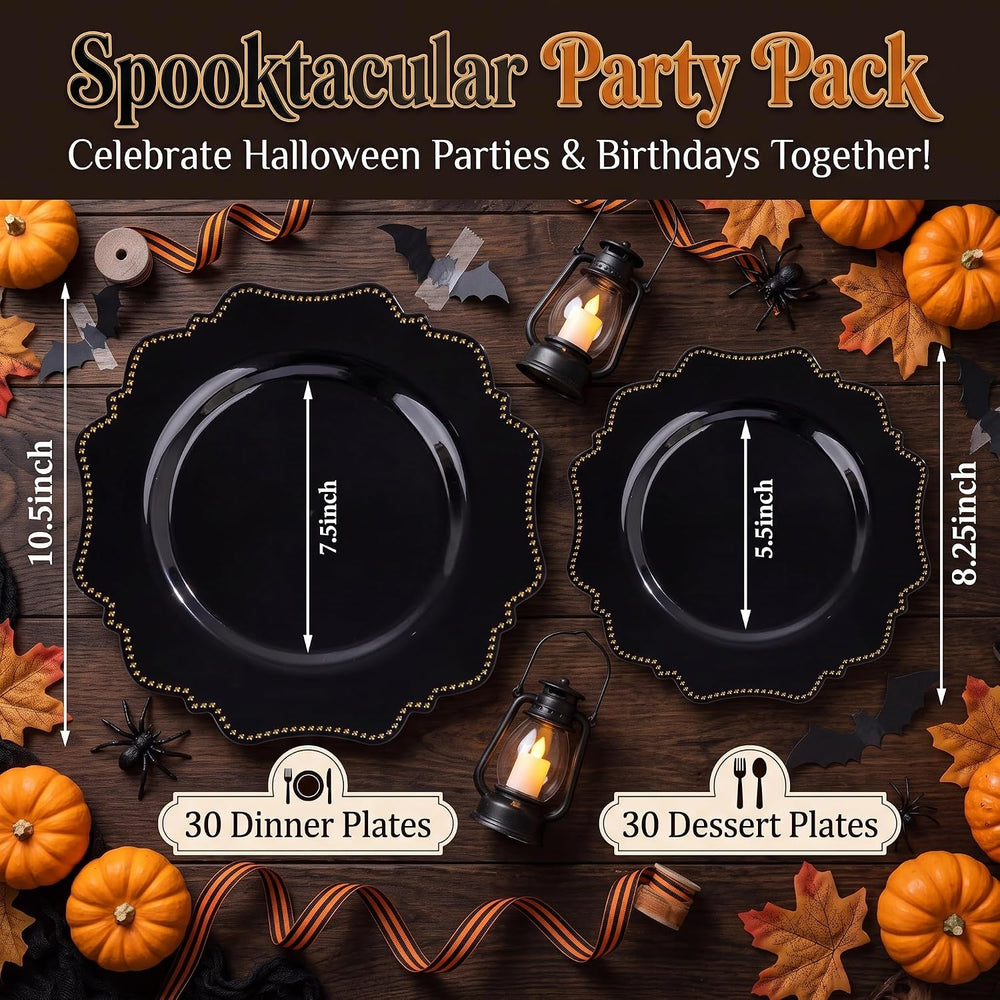 COLOSUS 60PCS Black Plastic Plates, Elegant Disposable Plates for Halloween