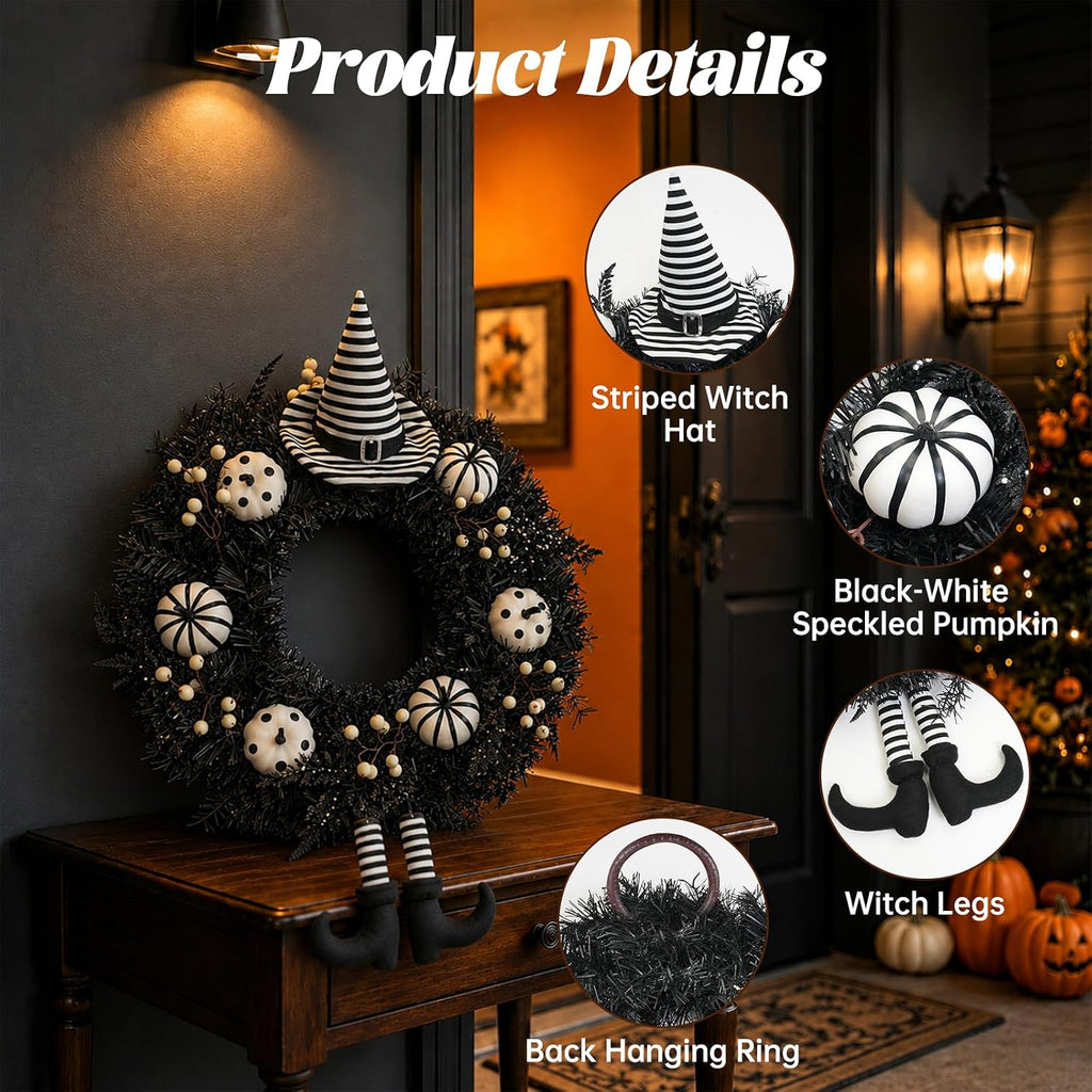 26" Halloween Wreath for Front Door with Hat, Legs, Pumpkins