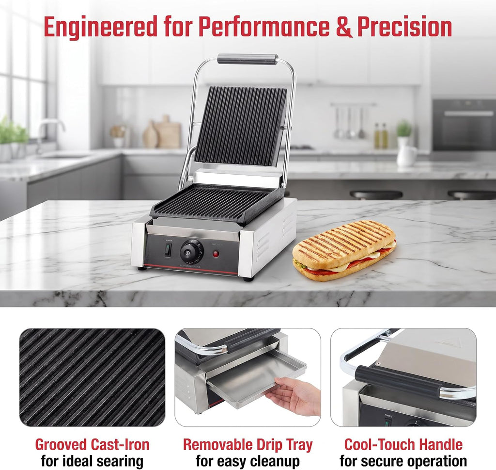 commercial panini press with grooved grill sandwich maker on a desk or shelf