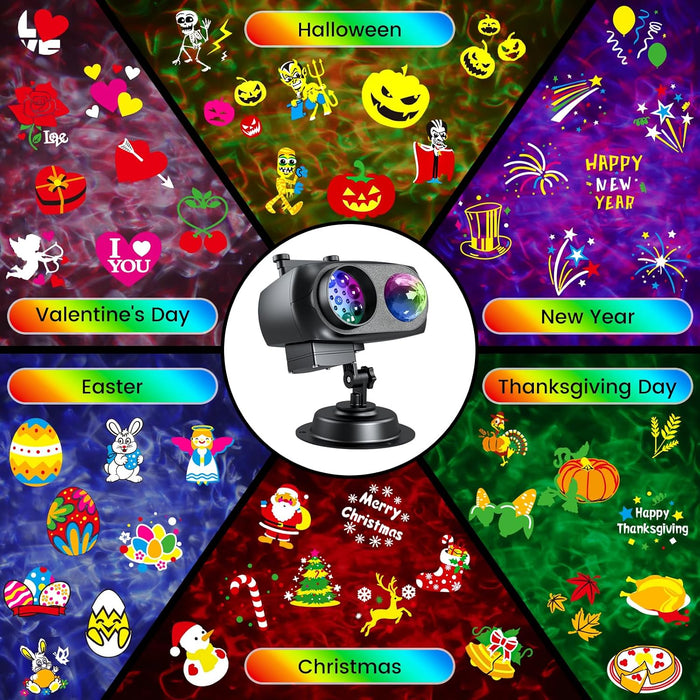 Halloween Christmas Projector Lights Outdoor，LED Projector Lights,2-in-1 Dual Projection System with 10 Slides，15W Brighter HD Ocean Wave Effect,Waterproof for Indoor/Outdoor Decor, Home Party.