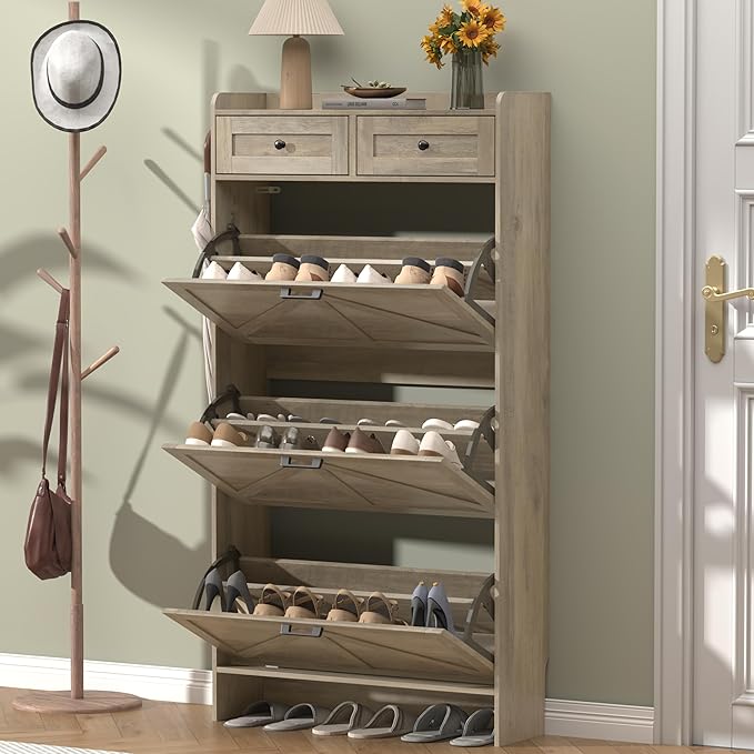 Shoe Cabinet with 3 Flip Drawers & 2 Storage Drawers, Rustic Farmhouse Narrow