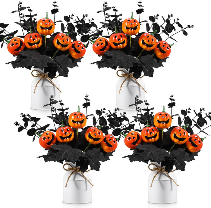 Thiccywoov 4 Sets Halloween Table Centerpiece Decorations Artificial Black Pumpkins Eucalyptus with Metal Vase Faux Pumpkins Plants in Pots for Halloween Trick or Treat Party Home Dining Table Decor