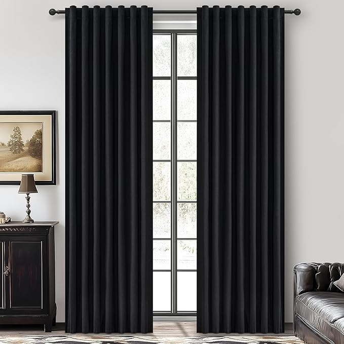 Black Curtains for Bedroom 90 Inch Long 2 Panels Set