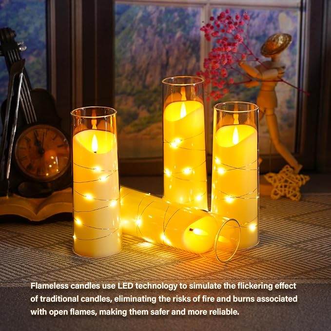 Flameless Candles with Embedded Star String, Battery Operated LED Pillar (Set of 9)