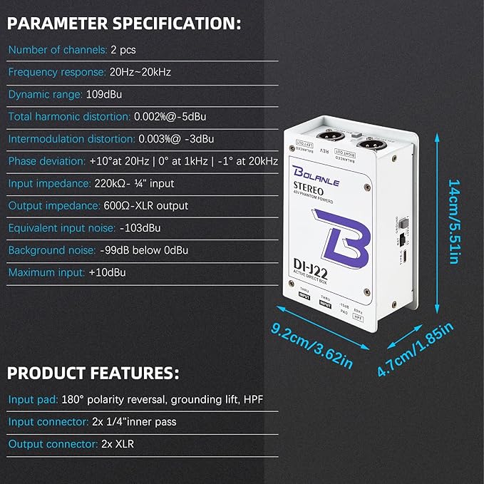Bolanle J22 Professional Stereo DI Box/Splitter XLR 1/4 inch, Dual Channel