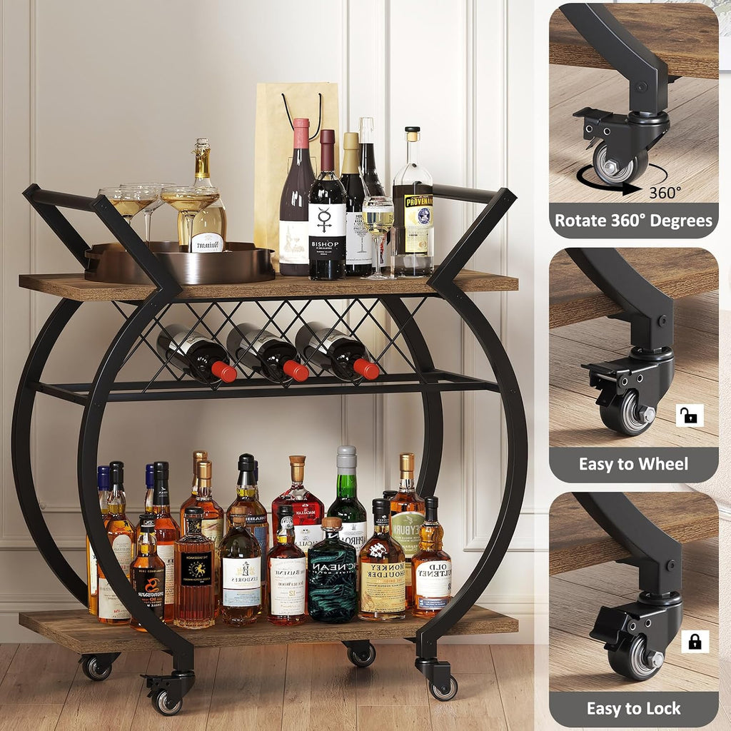 LVB Industrial Bar Cart, Beverage Serving Cart with Wheels, Rustic Brown