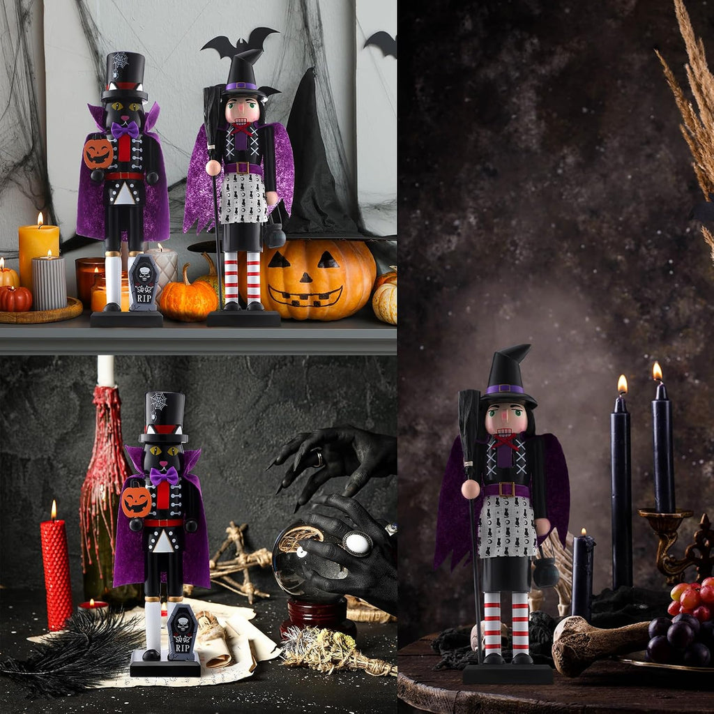 RattanView 2 Pcs Halloween Nutcracker 14 Inch Wooden Witch Black Cat Figure