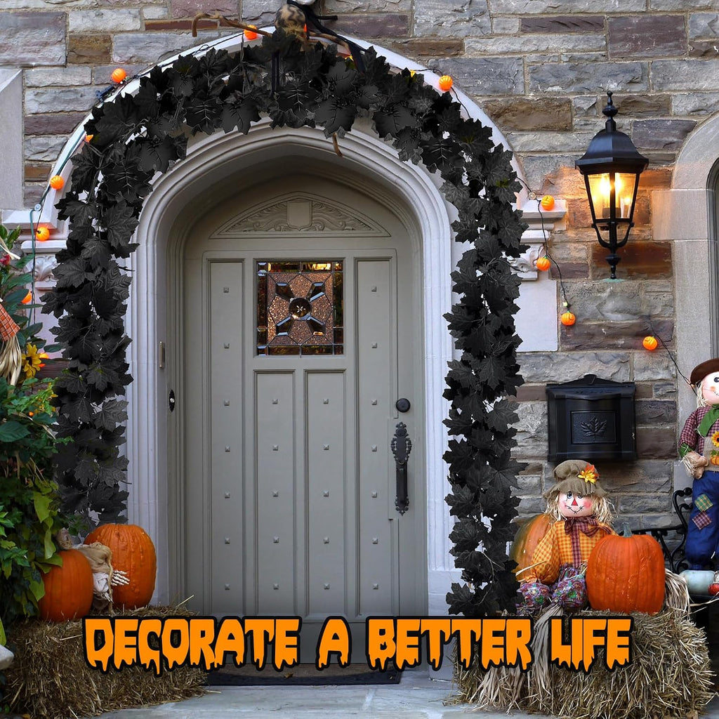 Joyhalo 8 Pack 5.7FT Halloween Garland Black Leaf Garland for Mantle, Artificial Hanging Black Maple Leaves Vines, Spooky Halloween Outdoor Floral, Haunted Mansion, Gothic Halloween Decor
