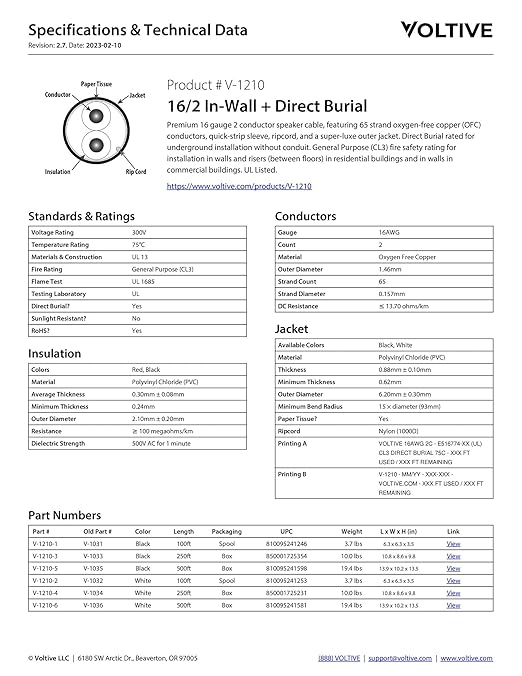 Voltive 16/2 Speaker Wire, in-Wall CL3 & Direct Burial, 100ft
