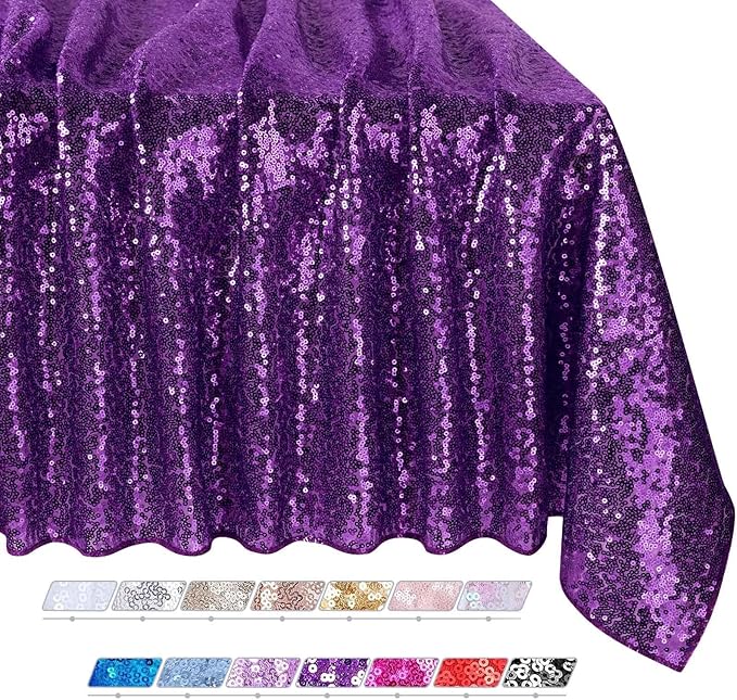 QueenDream Purple Tablecloth Sequin Fabric Table Cloths 90x90 Inch Halloween Party Decorations Purple Overlay Drapes Birthday Party Xmas Decorations