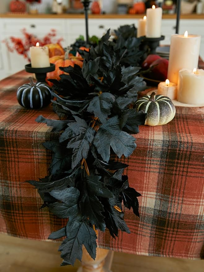 PARTY JOY Black Artificial Maple Leaf Garland - 6PCS 5.6Ft Halloween Decor, Gothic Fall Vines for Front Porch, Thanksgiving Autumn Table Centerpiece & Wall Hanging