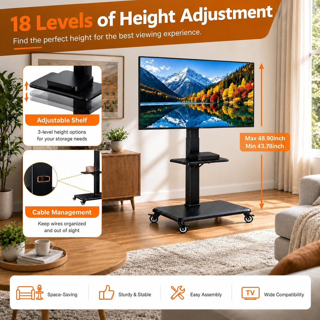 perlegear rolling tv stand for 30-75 inch tvs, close-up detail