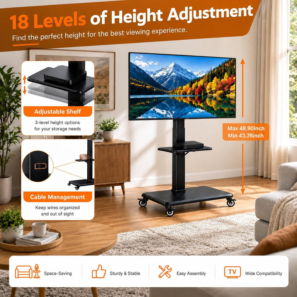perlegear rolling tv stand for 30-75 inch tvs, close-up detail