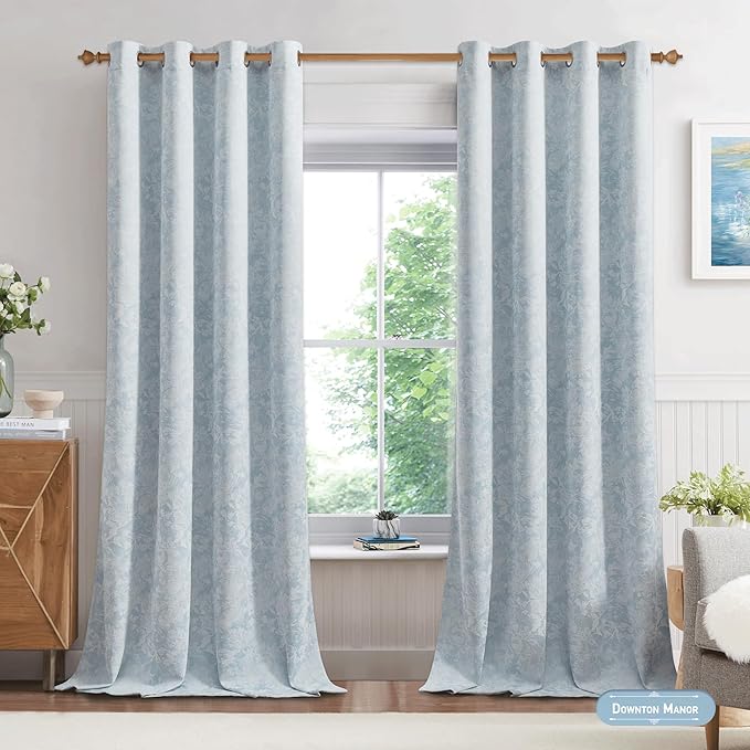 Beauoop Blue Floral Jacquard Blackout Curtains 84 Inches Long 2 Panels