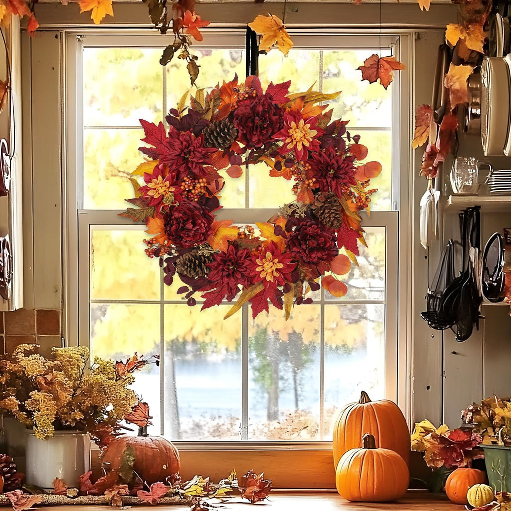 24" Artificial Fall Floral Wreath for Front Door Autumn Wreath with Peony Dahlia Pine Cones for Halloween Thanksgiving Farmhouse Window Wall Décor