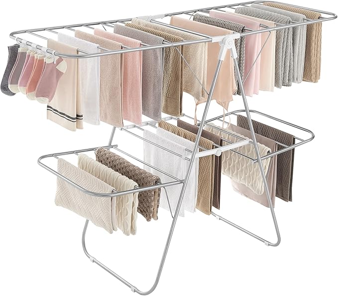 SONGMICS Clothes Drying Rack, Foldable 2-Level Laundry Drying Rack,