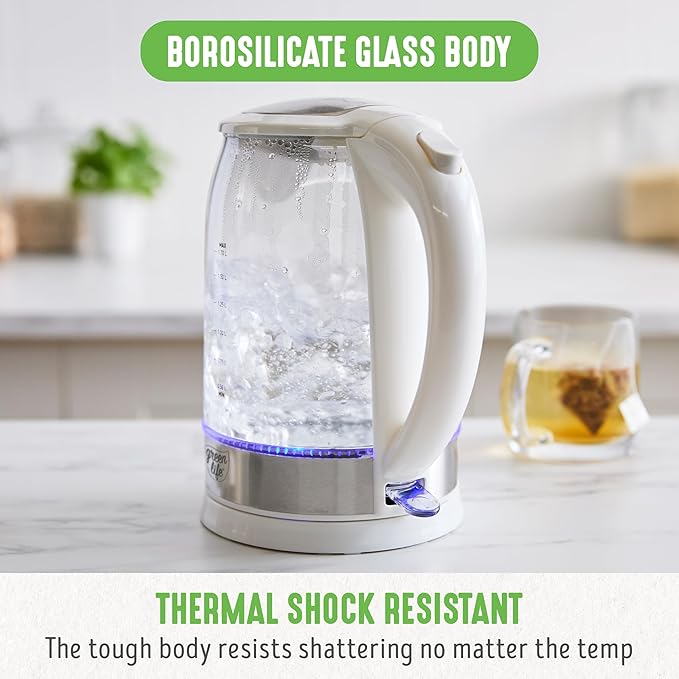 GreenLife 1.7 Liter Glass Electric Kettle, Easy One Touch Use, Quick Heating