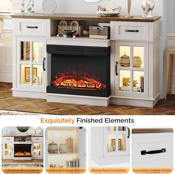 Bonnlo Fireplace TV Stand for up to 65-Inch TVs, Modern Electric Fireplace TV