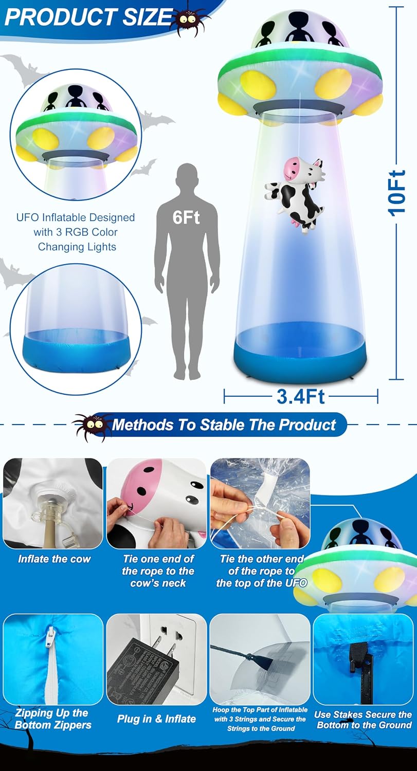 TURNMEON 10 Ft Tall Halloween Inflatable UFO Cow Abduction Decorations