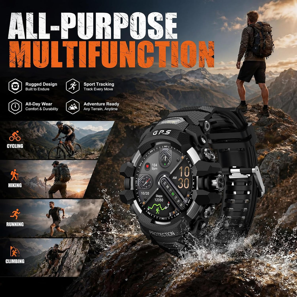 smart watch for men with built-in gps, 1.43", close-up detail