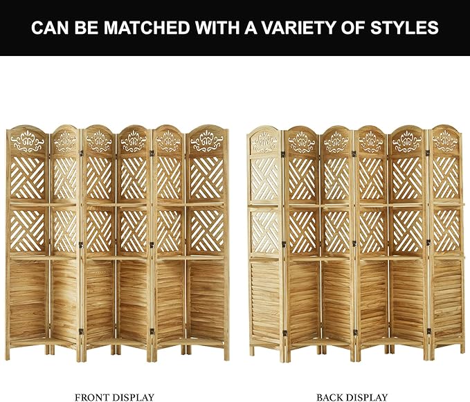 Svimi Room Divider with Shelves, 68.9inch Wood Carved and Louvered Wall Divider