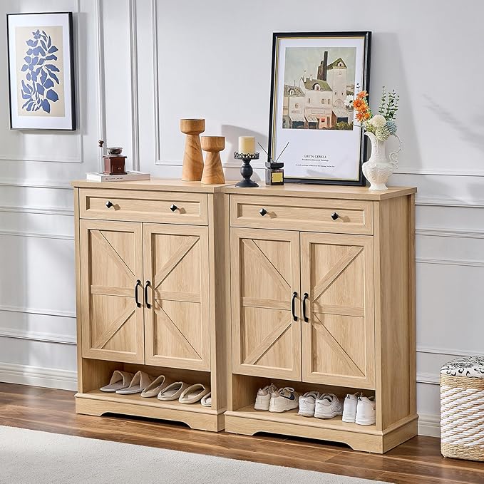 SOOWERY Shoe Cabinet with Drawer, Farmhouse Shoe Storage Cabinet with Doors