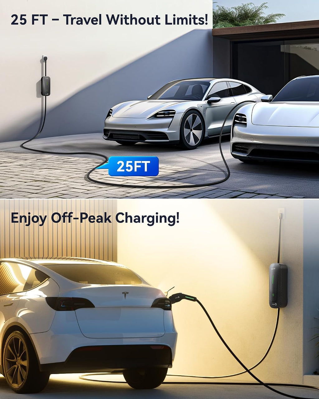 Ecogenix Level 1/2 EV Charger with Holder, 16A 25ft Cable Portable Mobile J1772 Charger, 110-120V 5-15 & 6-20 Plug, Home/Outdoor Charging Stations for All J1772 EV and Hybrid Vehicles