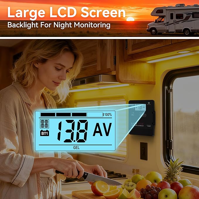 Solar Charge Controller with Flush Mount Design, 6 Stage Charging with LCD