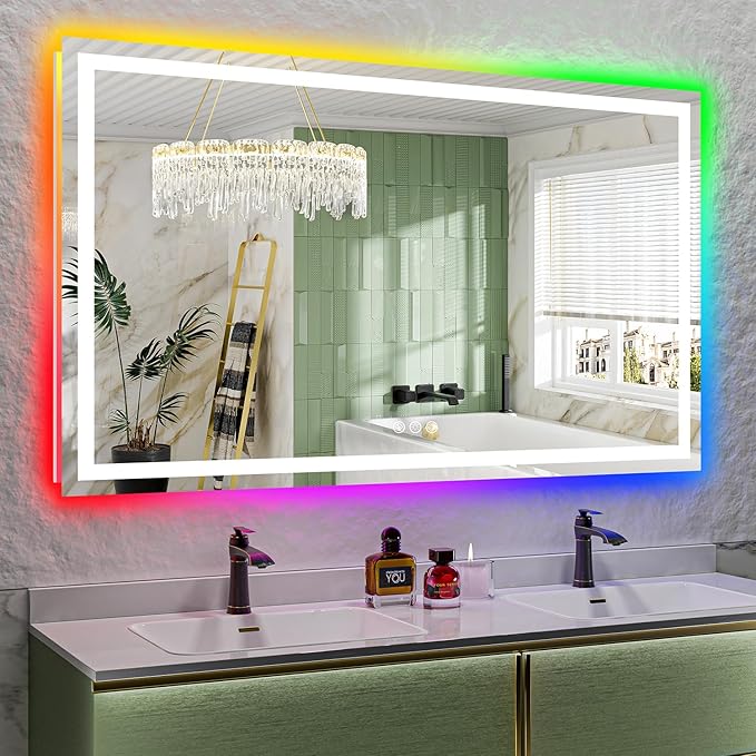 YEELAIT 66x40 Inch RGB LED Bathroom Mirror Front Light and RGB Backlit Lighted