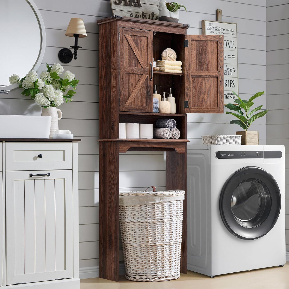 ACCOHOHO 67" Tall Farmhouse Over The Toilet Storage Bathroom Cabinet, Brown