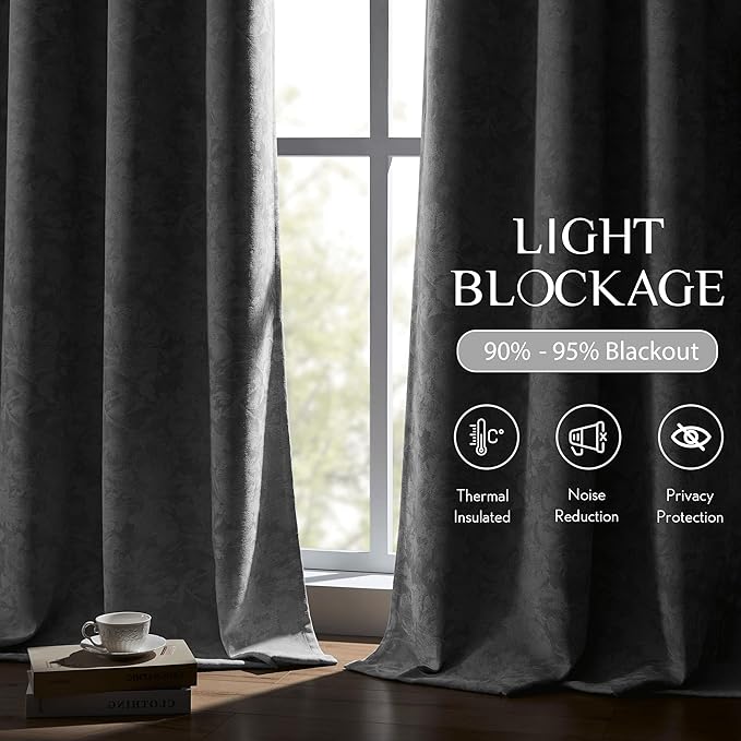 Beauoop Grey Floral Jacquard Blackout Curtains 90 Inches Long 2 Panels