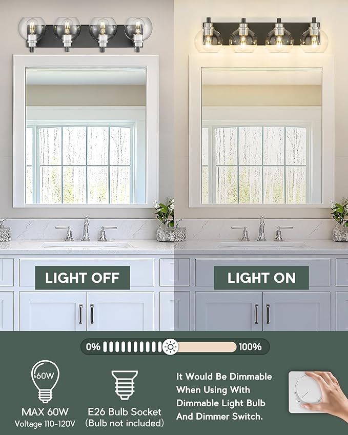 METWET Bathroom Light Fixtures, 4-Light Black and Brushed Nickel Bathroom