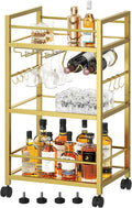 Bar Cart, Serving Cart for Home, Microwave Cart, Drink Cart, Mobile Kitchen Shelf with Wine Rack and Glass Holder, Rolling Beverage Cart for Dining Room, Gold