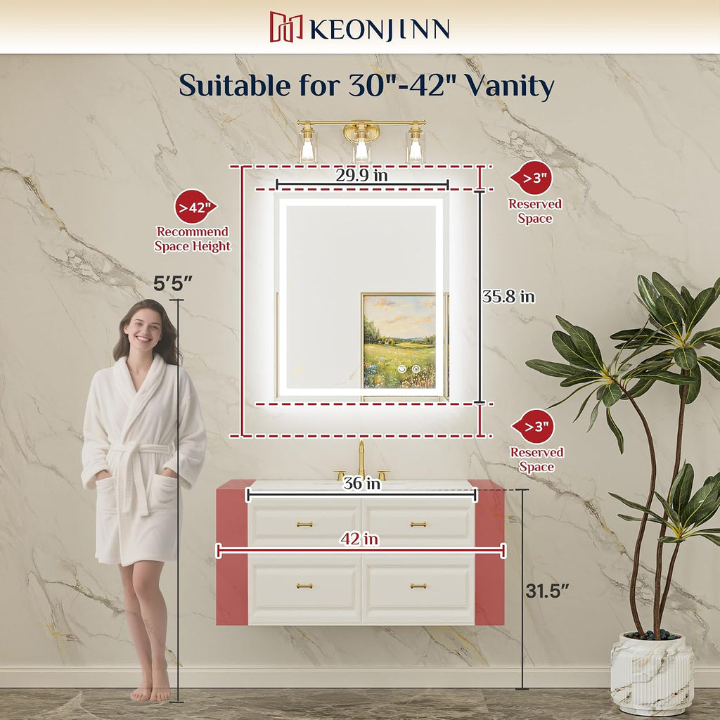 Keonjinn 30" x 36" Beveled LED Bathroom Mirror with Lights, Tempered Glass | Front and Backlight, Lighted Mirrors for Bathroom Wall, 3 Color Lights, Fast Defogging, Stepless Dimmable, Hardwired/Plug in