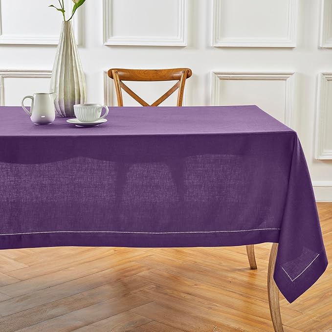 Solino Home Linen Tablecloth for Rectangle Tables 60 x 132 Inch - Classic Hemstitch 100% Pure Linen Purple Table Cloth - Machine Washable Cloth Tablecloth for Fall, Autumn, Halloween, Thanksgiving