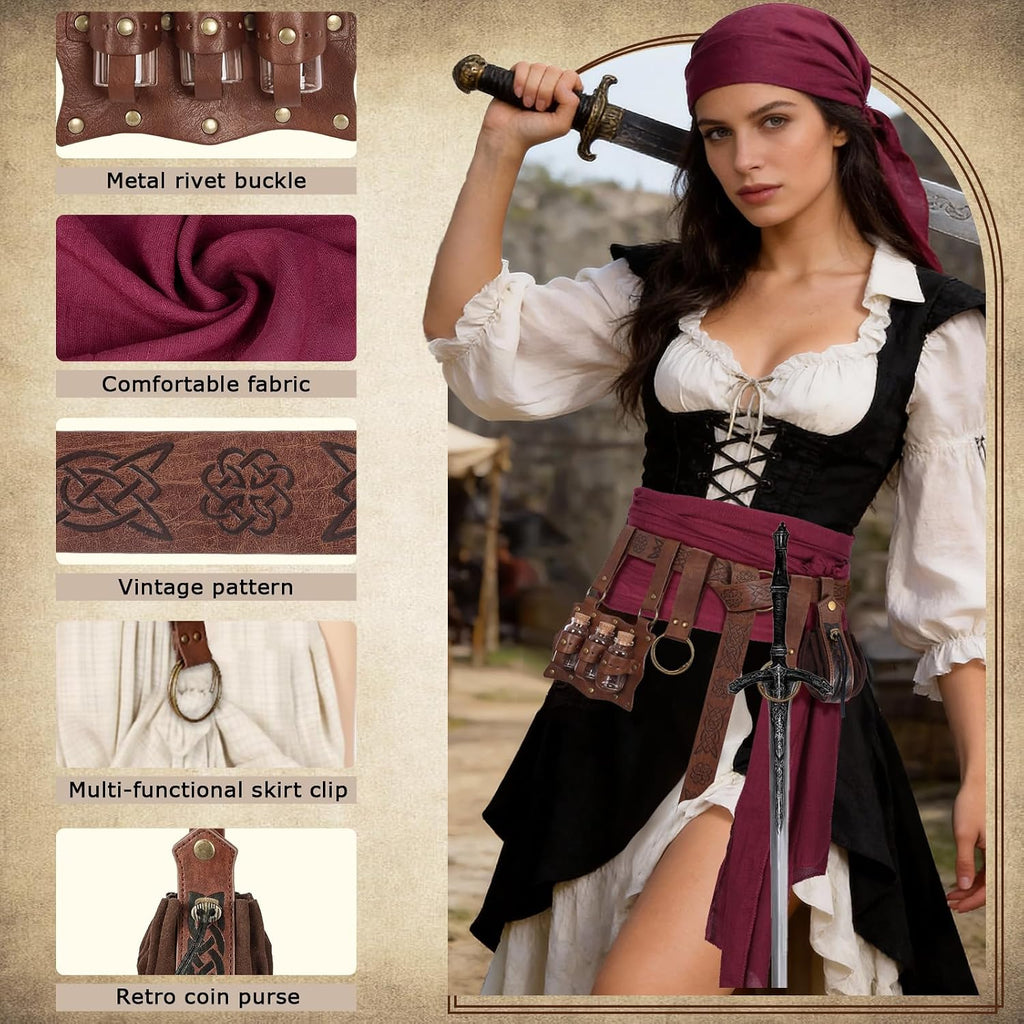 Pirate Costume Accessories Bandana Renaissance Belt Pouch for Cosplay