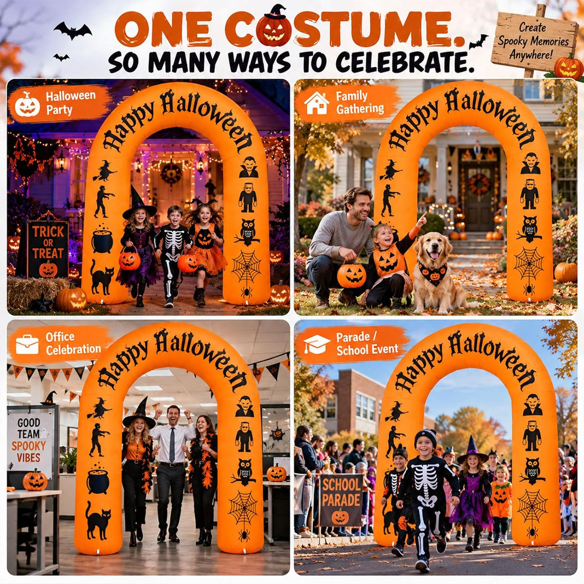 8FT Halloween Inflatable Arch with LED Lights, Orange, Happy Halloween Archway with Witch, Zombie, Vampire, Frankenstein, Owl, Spider, Black Cat for Indoor Outdoor Decor