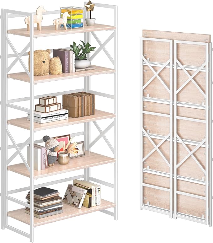 4NM 5 Tiers No Assembly Book Shelves, 51.2" H Folding Bookshelf Bookcase Open