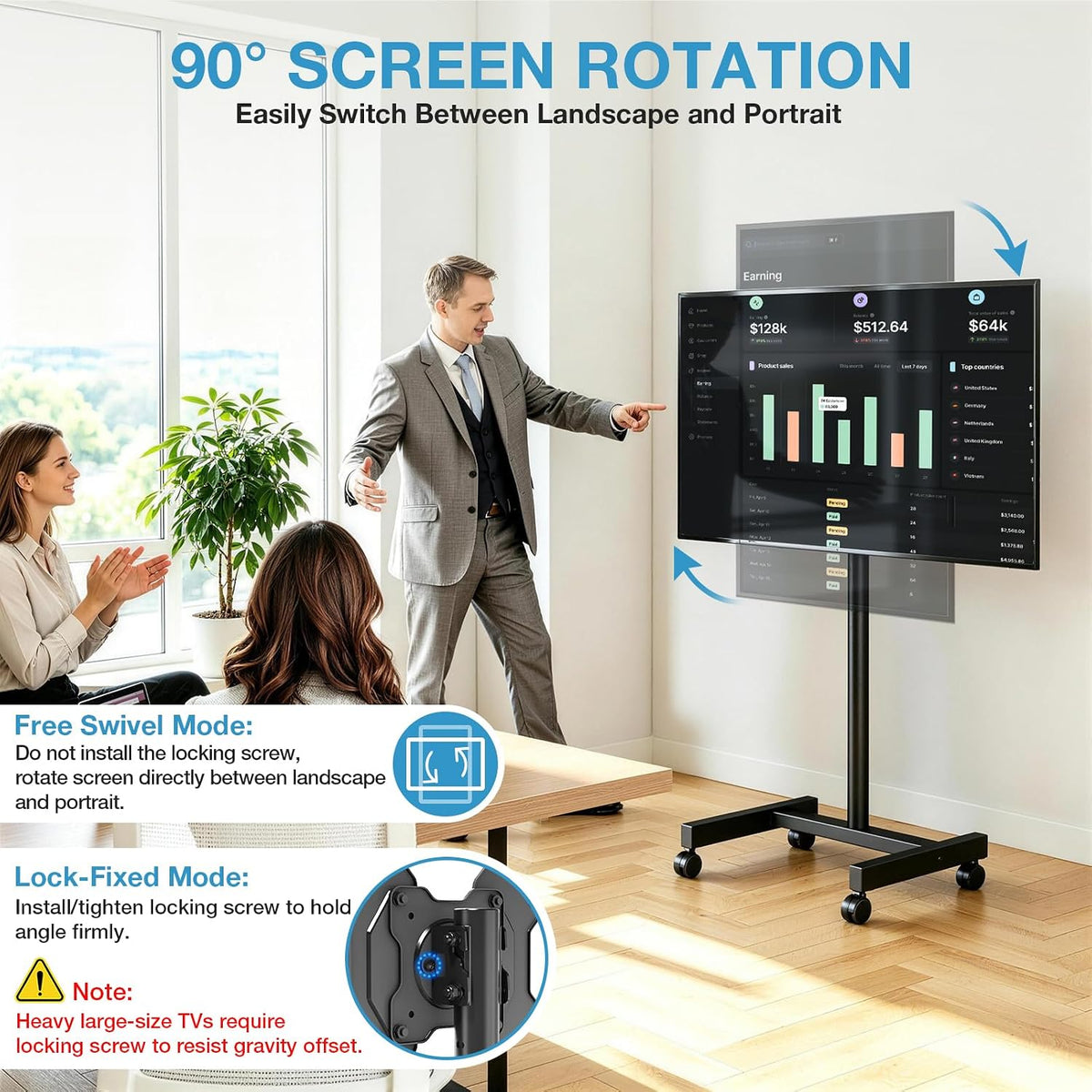 YOMT Rolling TV Stand for 13-50 Inch TVs, Support 90° Screen Rotation