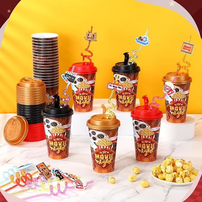 Yungyan 36 Sets Movie Night Party Favors Goodie Cups with Lids and Straws for Halloween Party Decorations Reusable 16oz Plastic Candy Cups Plastic Straws for Birthday Gift(Movie Night)