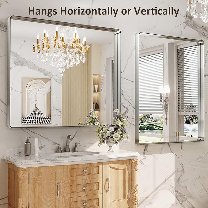 LOAAO 40X36 Inch Brushed Nickel Bathroom Mirror, Rounded Rectangle Silver Metal