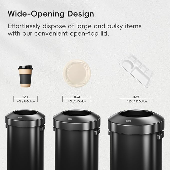 EKO Urban 24 Gallon Round Black Stainless Steel Open Top Waste Bin, Tall