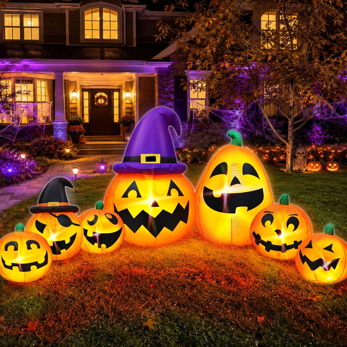 12 Ft Long Halloween Inflatables Pumpkins Outdoor Decor Built-in LED Lights