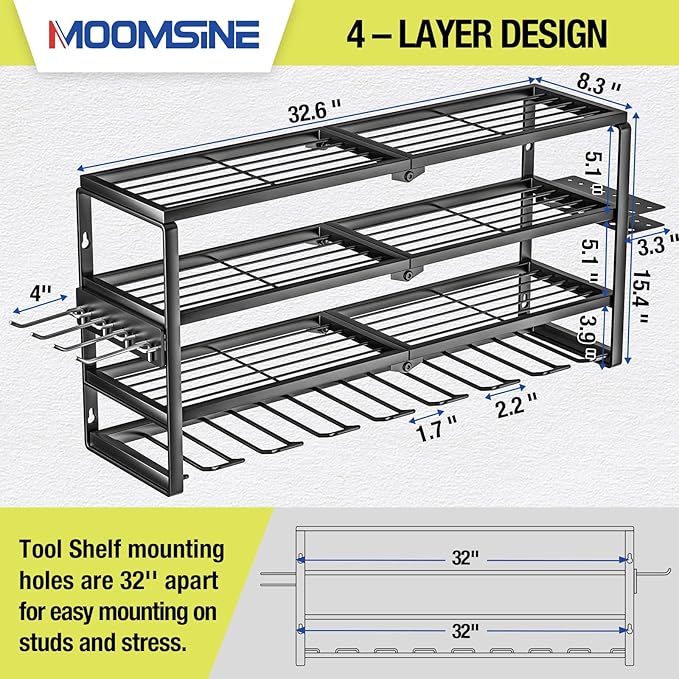 4 Layer Power Tool Organizer Wall Mount, Battery Tools Holder