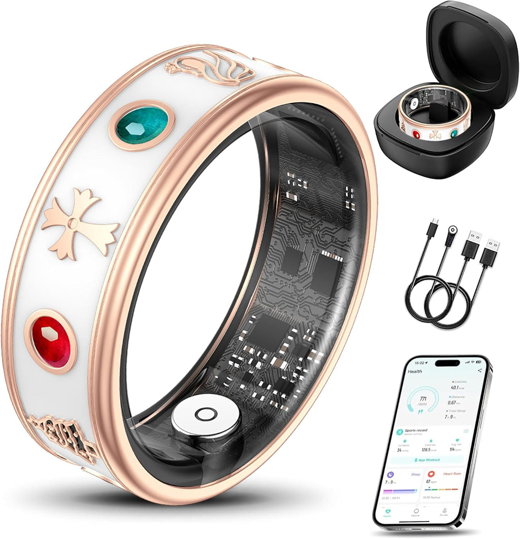 Smart Ring for Women, Fitness & Activity Tracker with Blood Pressure/Heart Rate Monitor, Sleep Tracker,Step Counter, IP68 Waterproof Ring for iOS&Android, Fast Charge,No Subscription (Rose Gold,Size9)