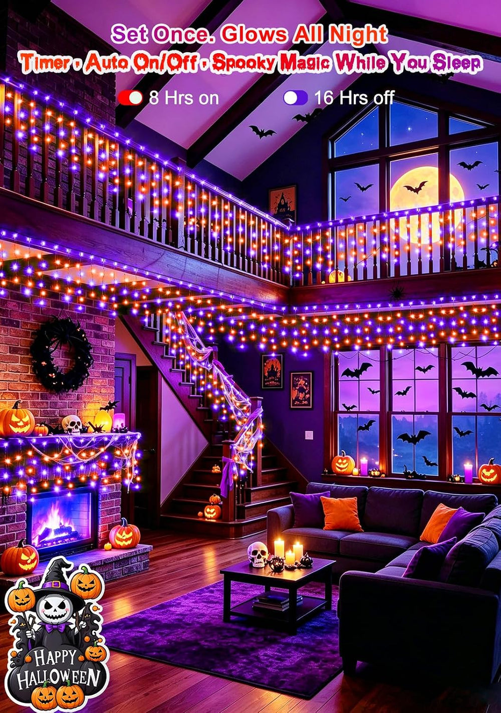 66FT 640LED Orange Purple Halloween Lights Outdoor 8 Modes Plug-in