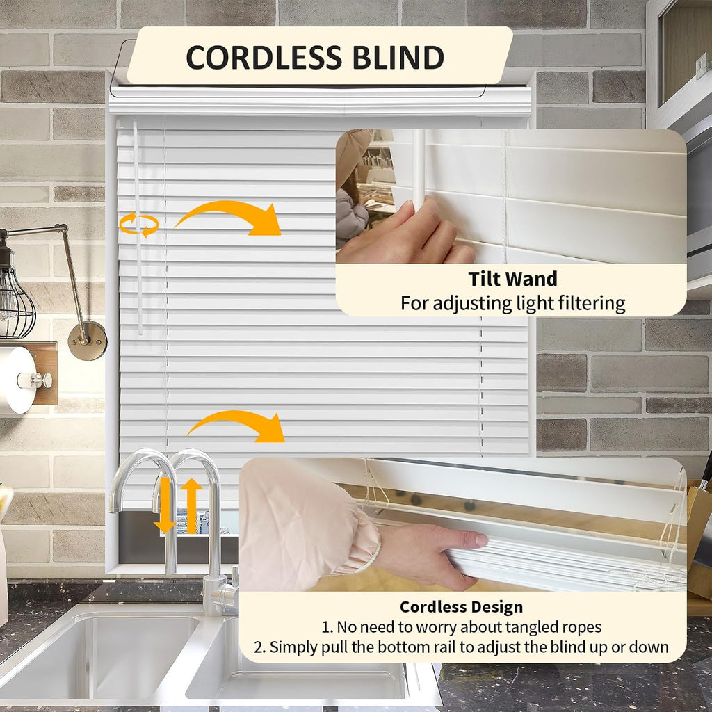 Cordless Faux Wood Blinds 26" W x 36" H, 2 Inch Slat Horizontal Windows Blinds with Crown Valance, Room Darkening, White Blinds for Home Interiors.