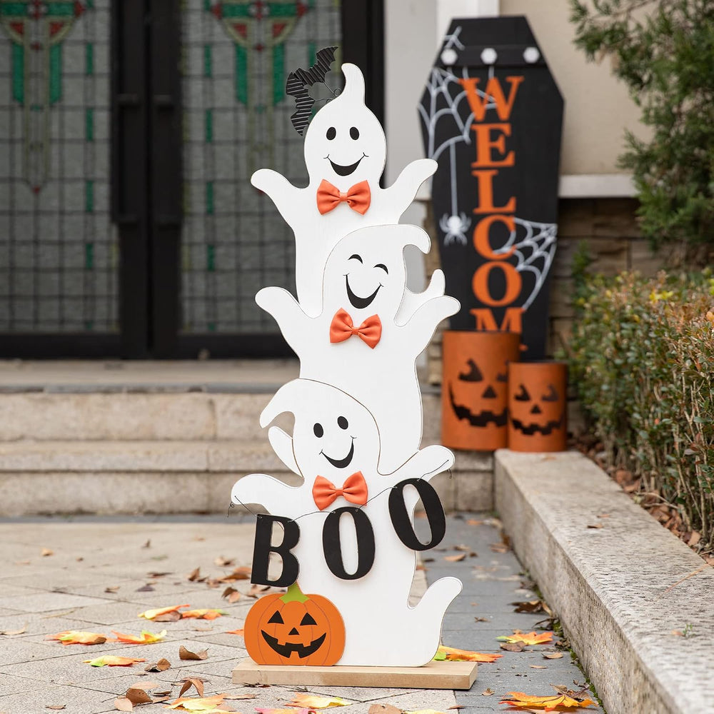Glitzhome 37.5'H Halloween Wooden Stacked Ghost Porch Sign, Farmhouse Gho...