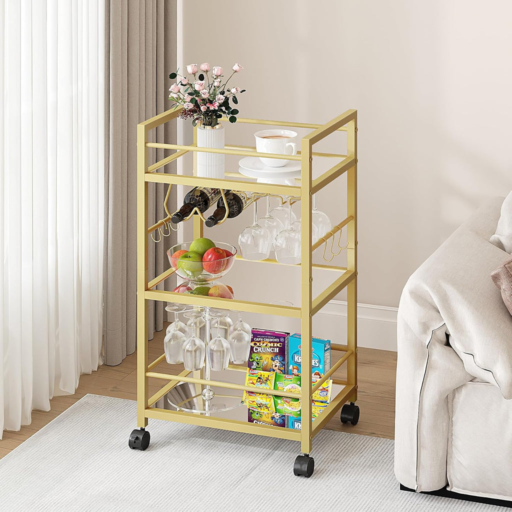 Bar Cart, Serving Cart for Home, Microwave Cart, Drink Cart, Mobile Kitchen Shelf with Wine Rack and Glass Holder, Rolling Beverage Cart for Dining Room, Gold